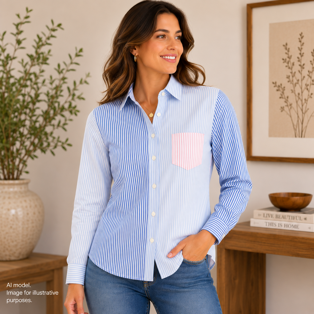 Brooks Brothers Shirt Womens 4 Petite Blue Pink Contrast Stripe Fitted Button